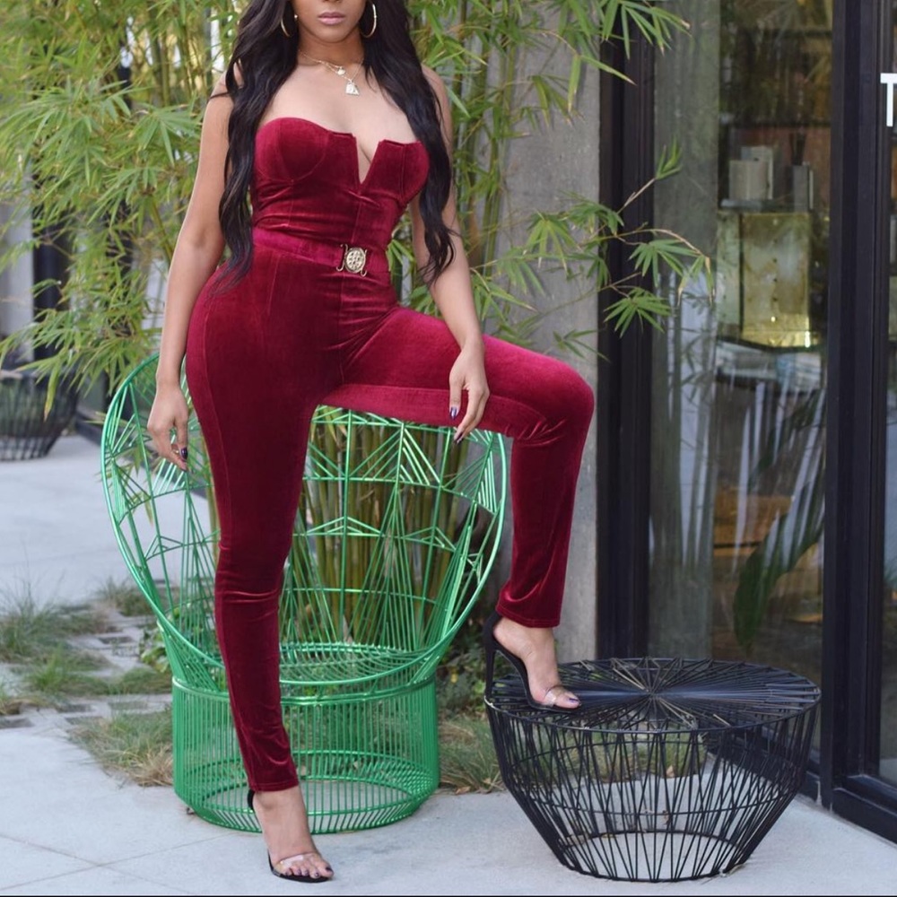 JLUXLABEL Burgundy Velvet Strapless Jumpsuit